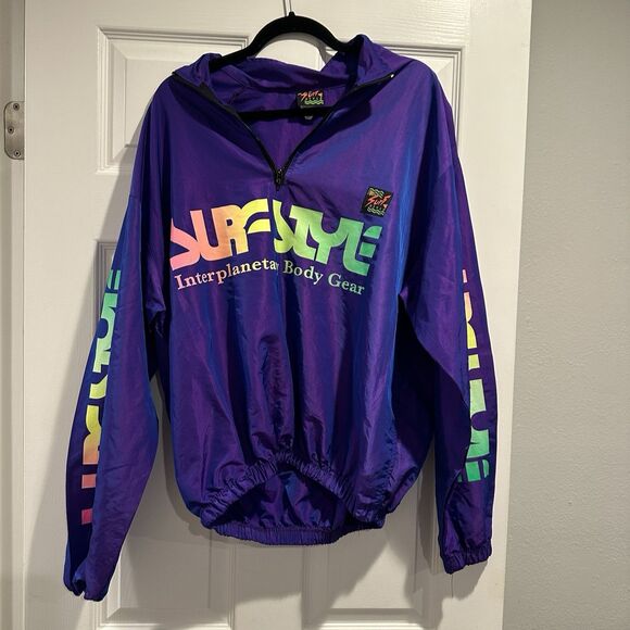 Surf Style Windbreaker Sz Medium Vintage Pullover 1/4 Zip Metallic Purple 90 EUC - Picture 2 of 8